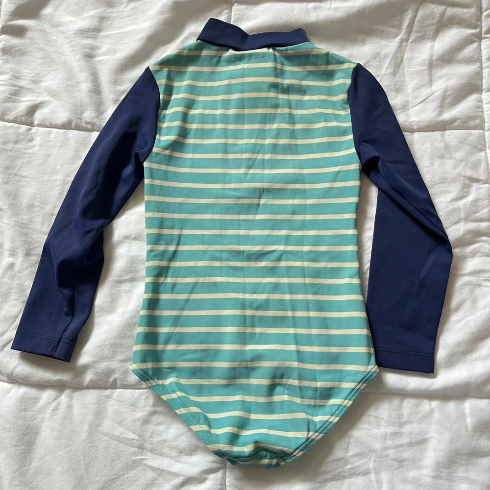 Mini Boden Girls' One-Piece Swimsuit in Aqua Stripe with Navy Puffins